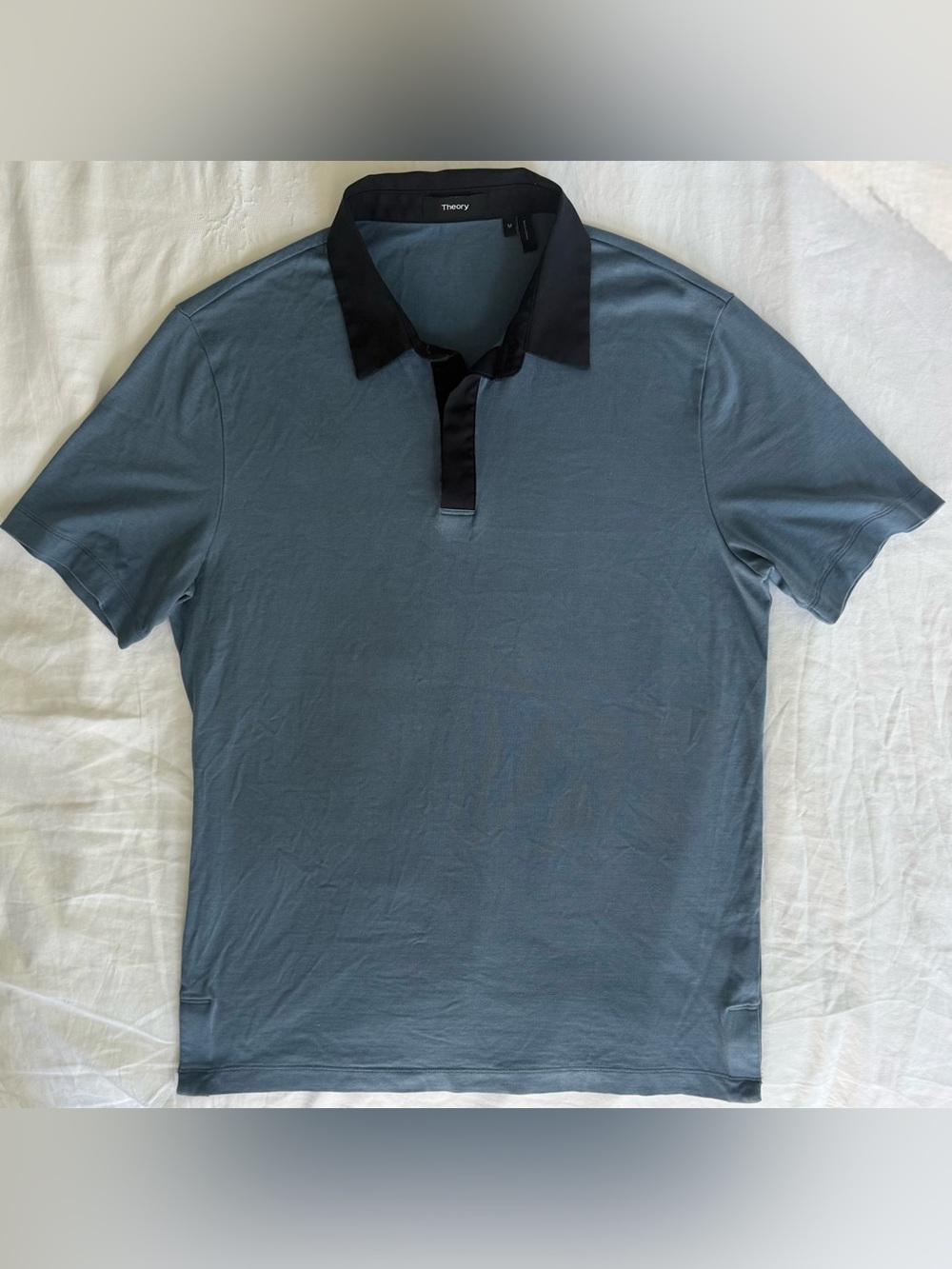 Theory Silk Cotton Contrast Polo Shirt Mens Medium Slate Blue Black Luxury Knit